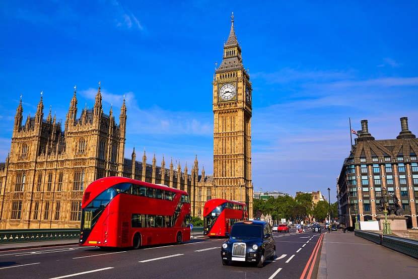 United Kingdom panorama London dengan cakrawala yang menampilkan ikonik Big Ben dan London Eye di waktu senja, menggambarkan keindahan arsitektur dan vitalitas kota